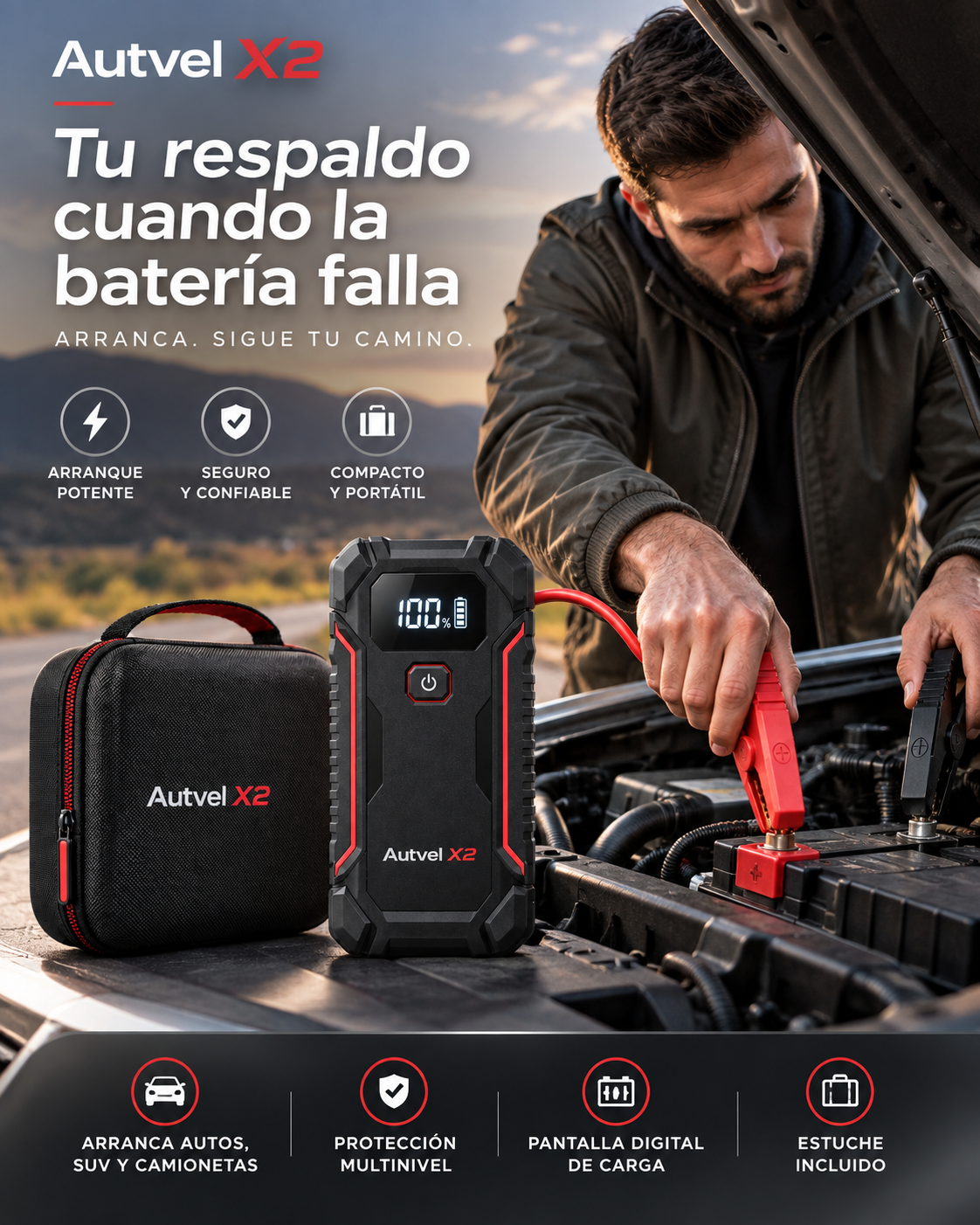Autvel Rescue 2X — Arrancador de batería y compresor de aire para coche
