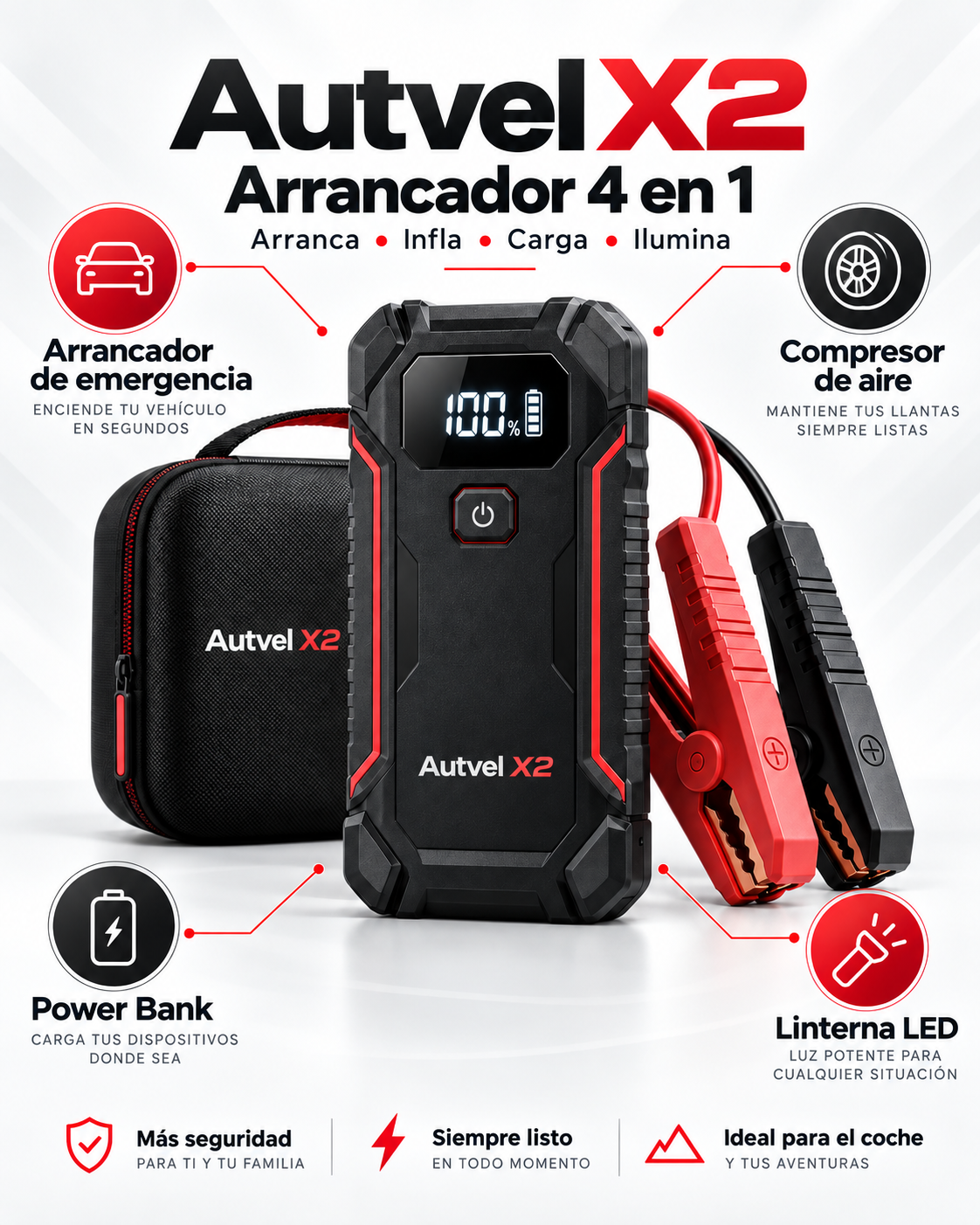 Autvel Rescue 2X — Arrancador de batería y compresor de aire para coche